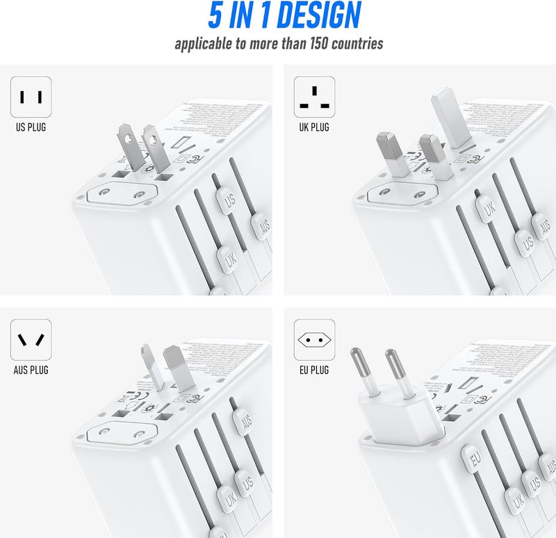VYLEE Travel Plug Adapter, 65W Fast GaN Travel Charger, International Plug Adapter with 3 USB-C PD and 1 USB-A QC with US/EU/UK/AU Convenient for iPhone,Samsung,Laptops - Image 4